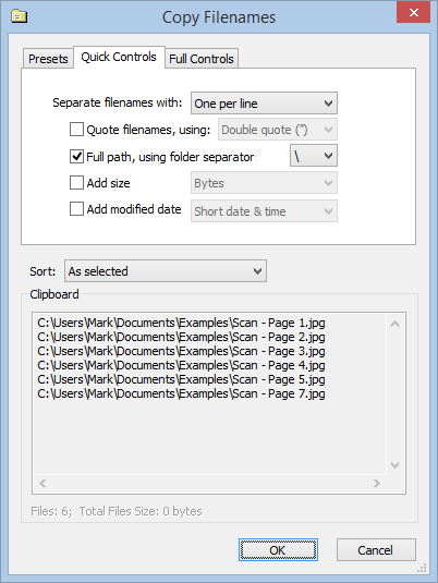 Screenshot showing Copy Filenames Options dialog with Quick Controls tab selected