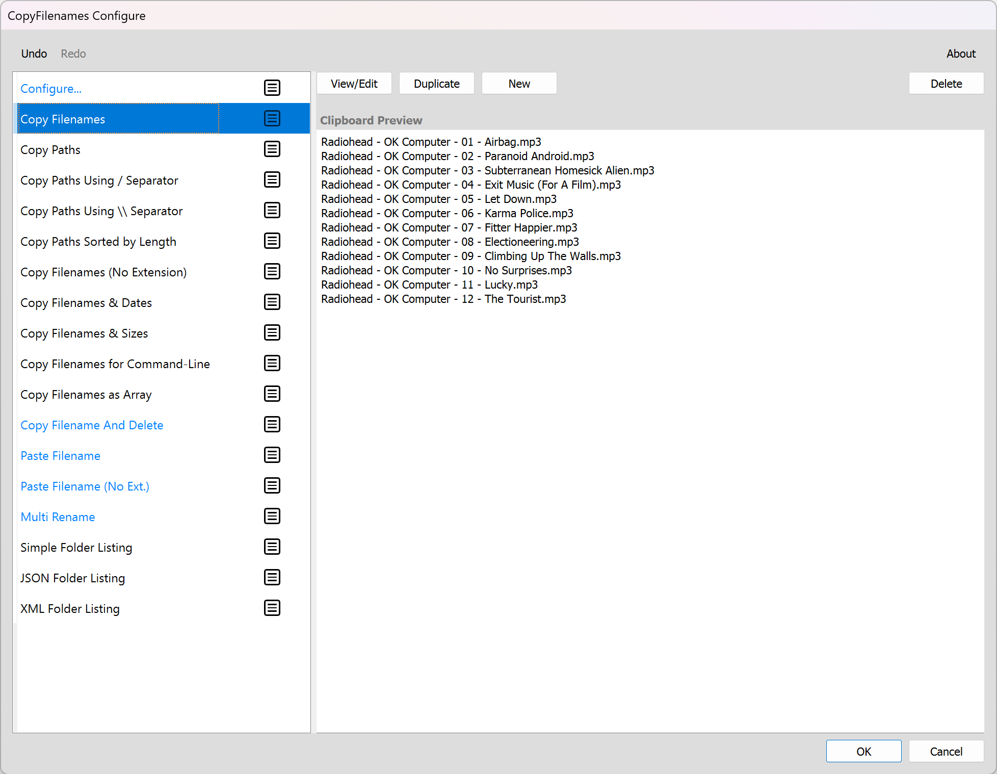 Screenshot of CopyFilenames Configure application