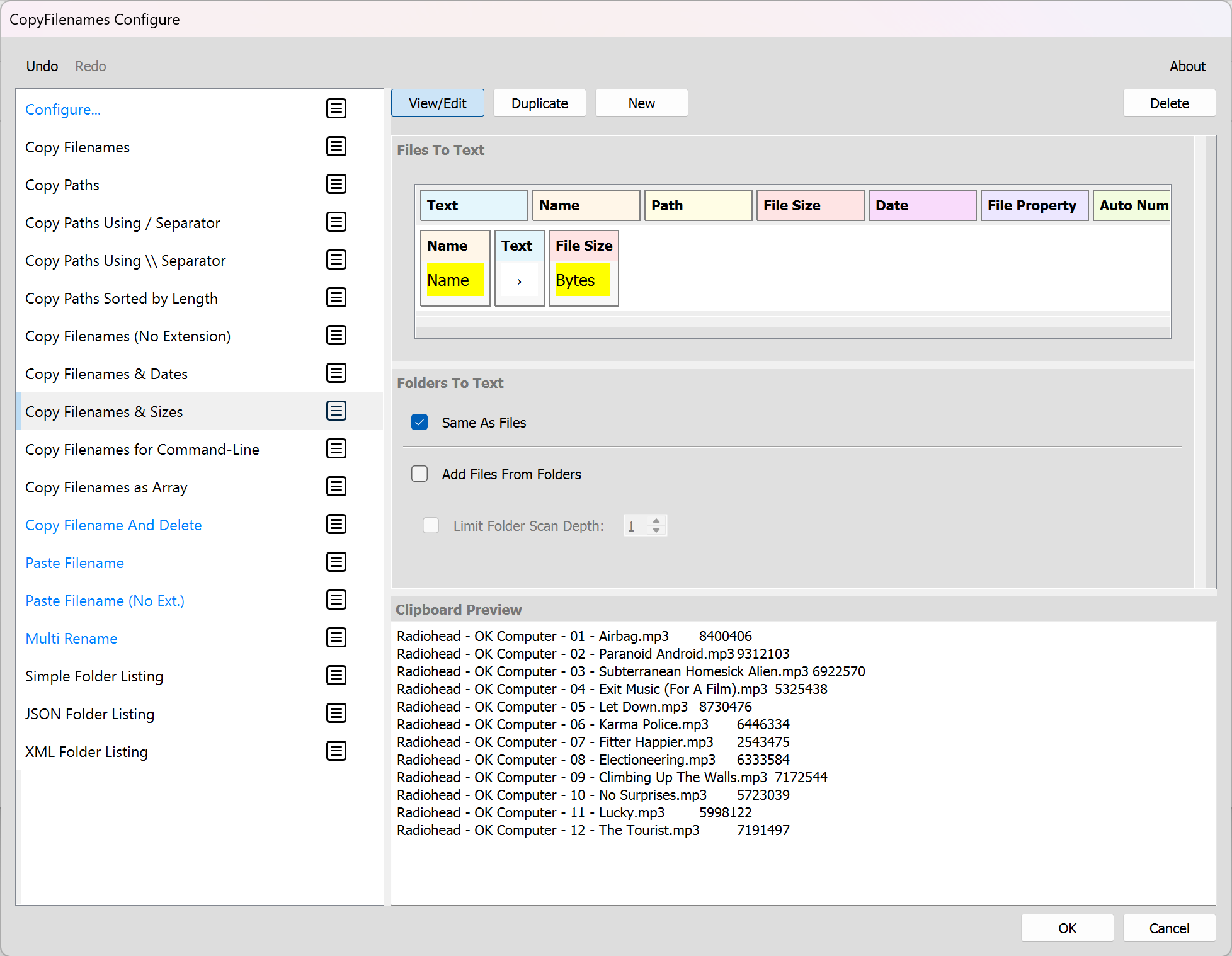 Screenshot of CopyFilenames Configure application view/edit command ui