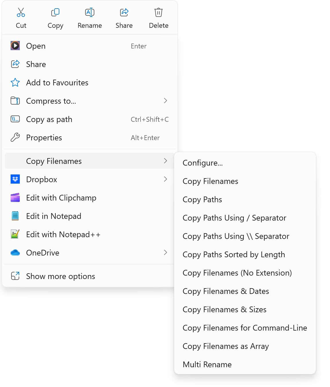 Screenshot of CopyFilenames context menu in Windows File Explorer