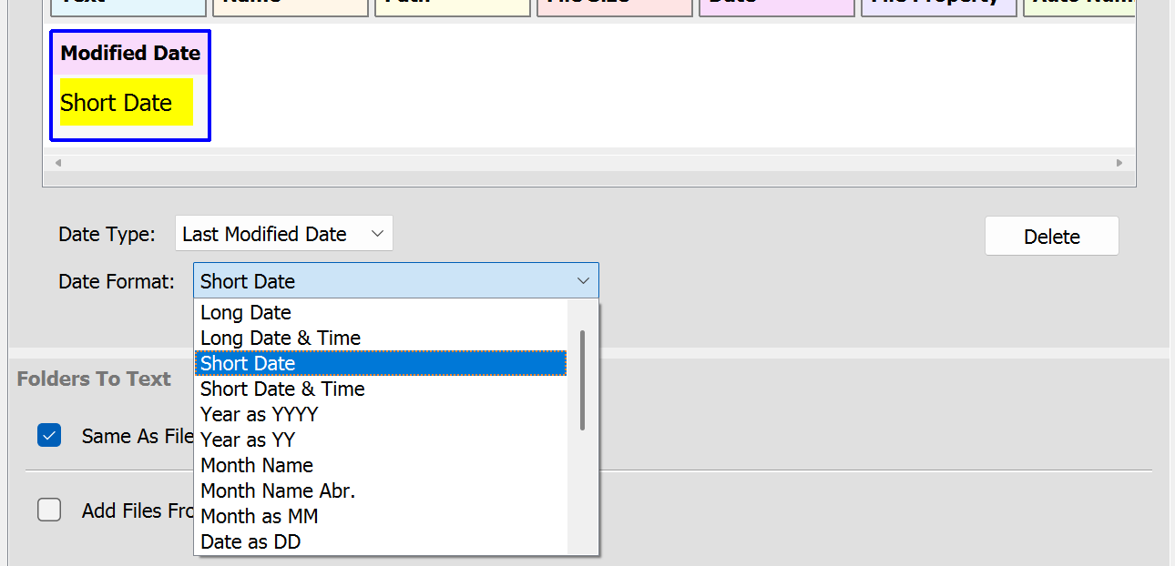 Screenshot of date attributes user interface