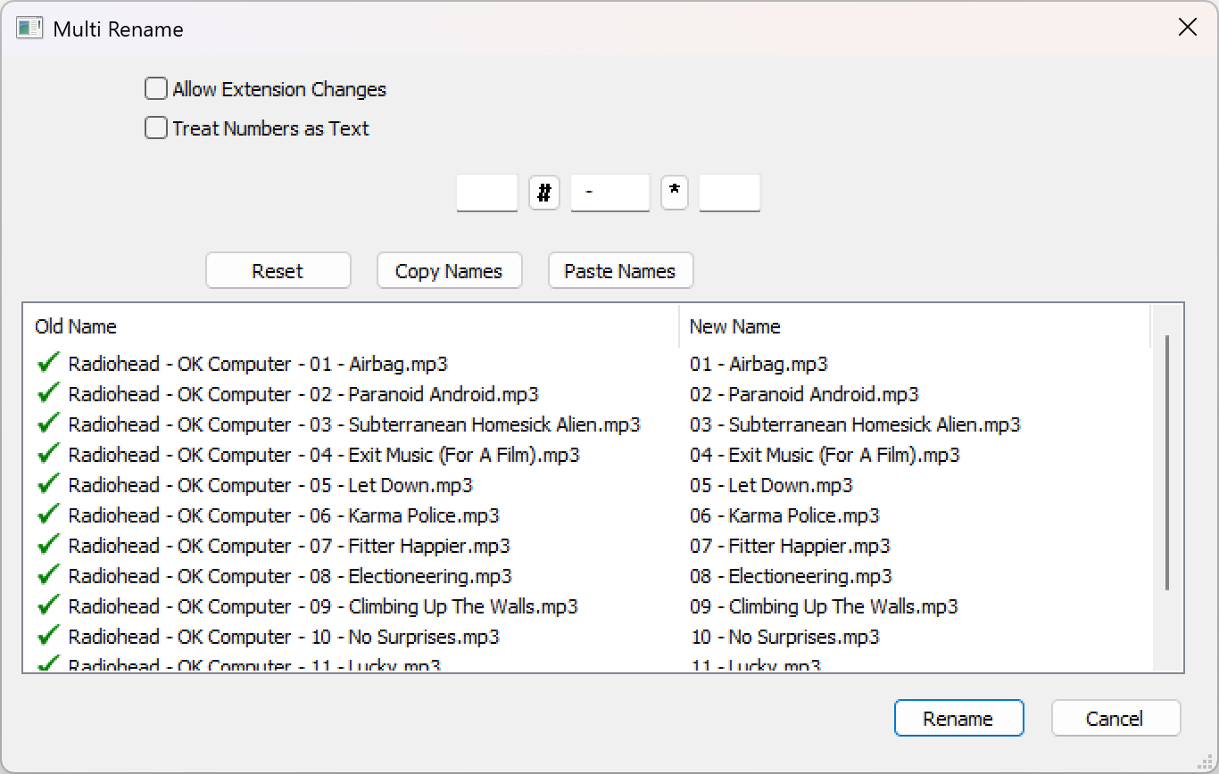 Screenshot of the multi-rename user interface